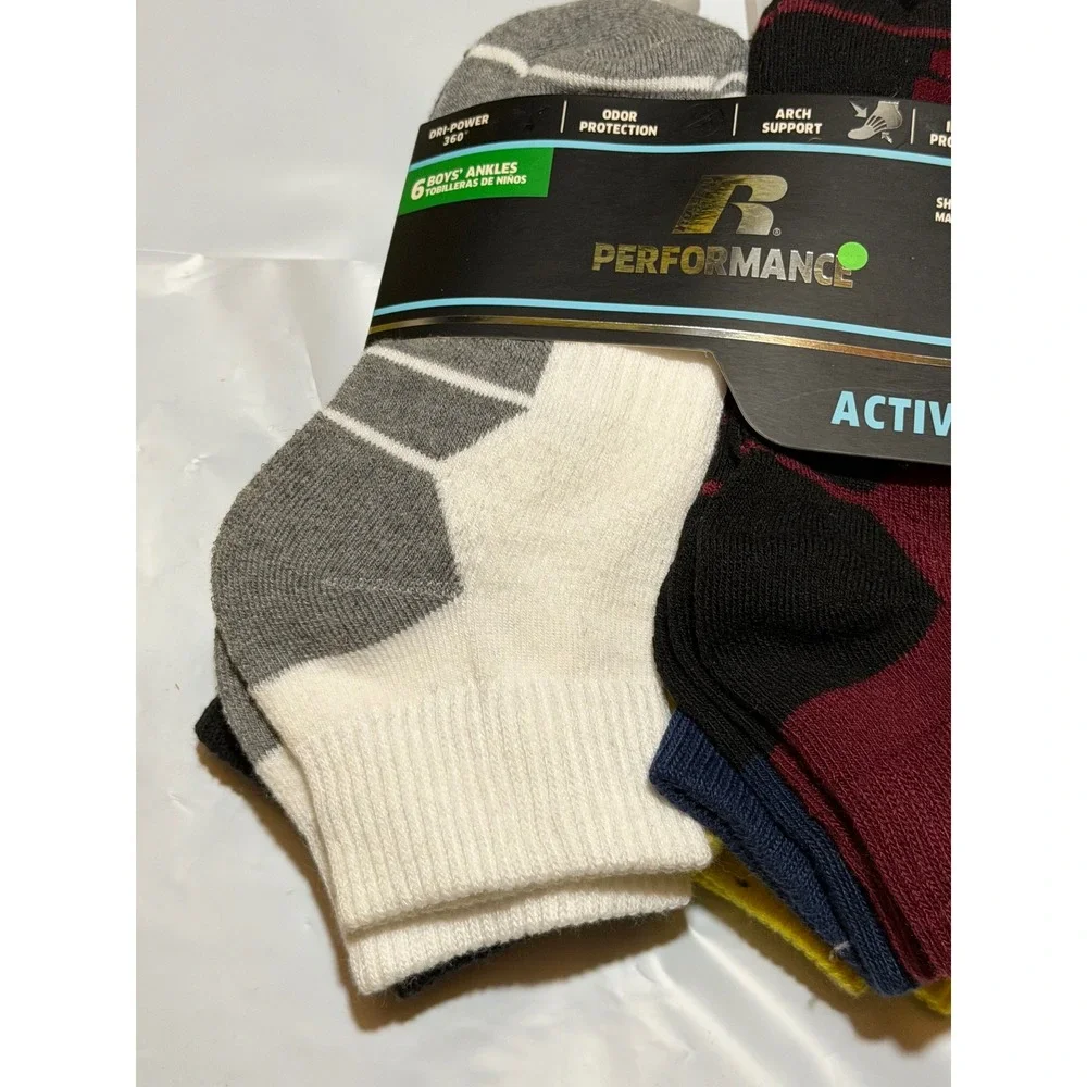 Russell Performance Active Socks Multicolor Ankle Arch Support Impact Boys L 3-9